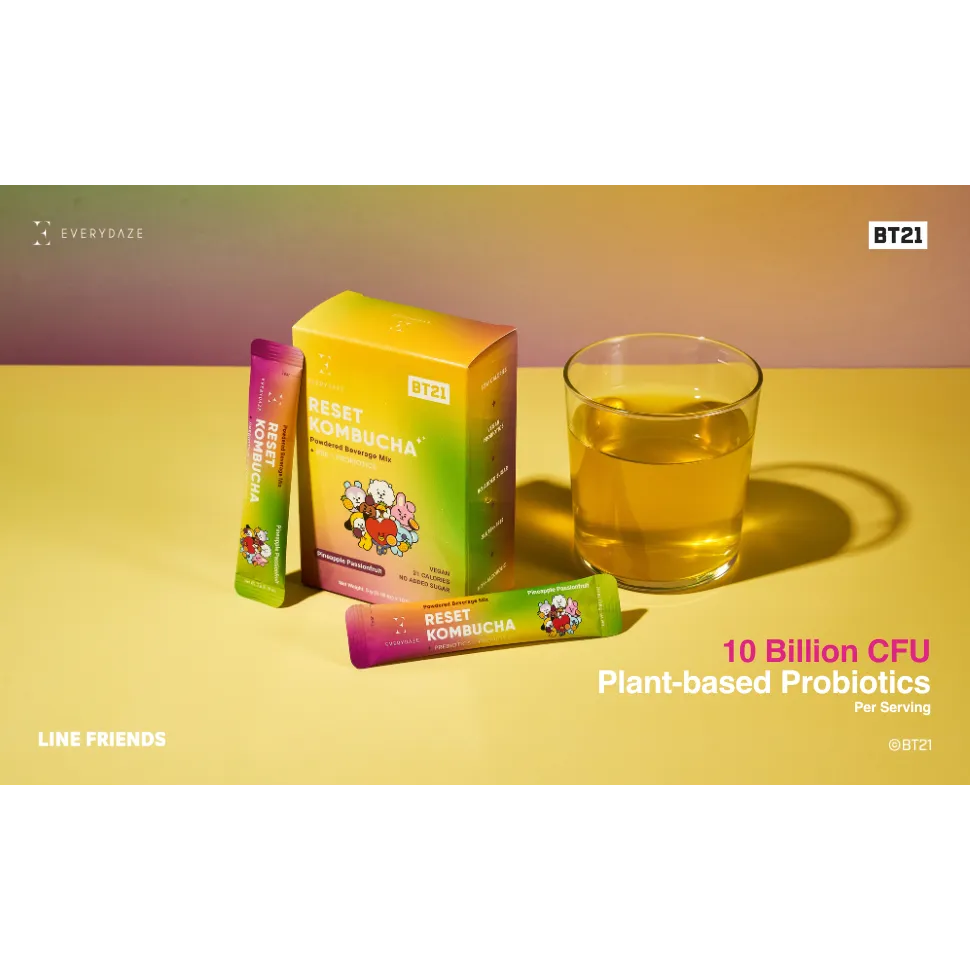 Everydaze Reset Kombucha Tea Powdered Beverage Mix | 10 Sticks | Prebiotics + Probiotics | Vegan | No Added Sugar, Gluten Free, Sparkling Powder Drink Pineapple Passion Fruit