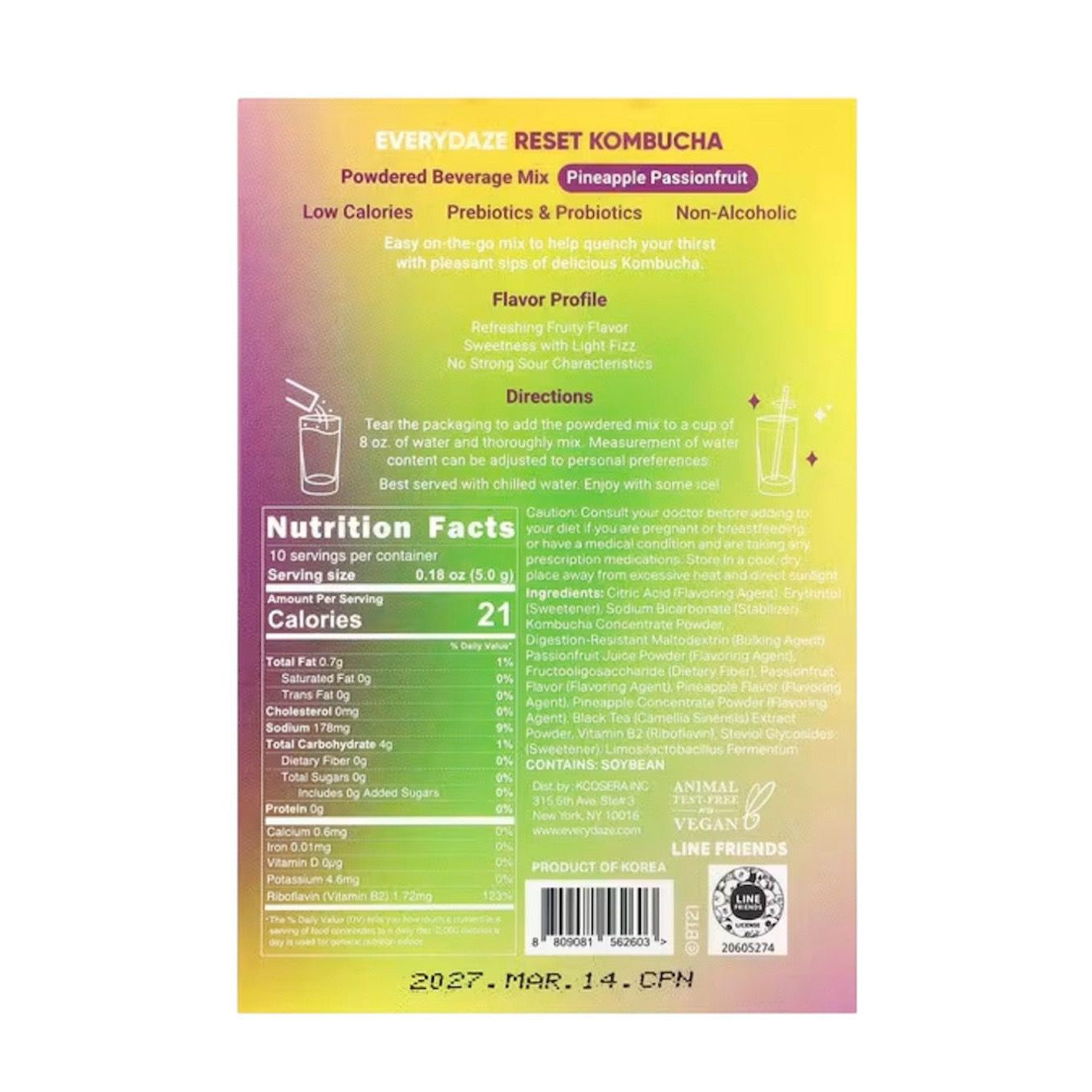 Everydaze Reset Kombucha Tea Powdered Beverage Mix | 10 Sticks | Prebiotics + Probiotics | Vegan | No Added Sugar, Gluten Free, Sparkling Powder Drink Pineapple Passion Fruit