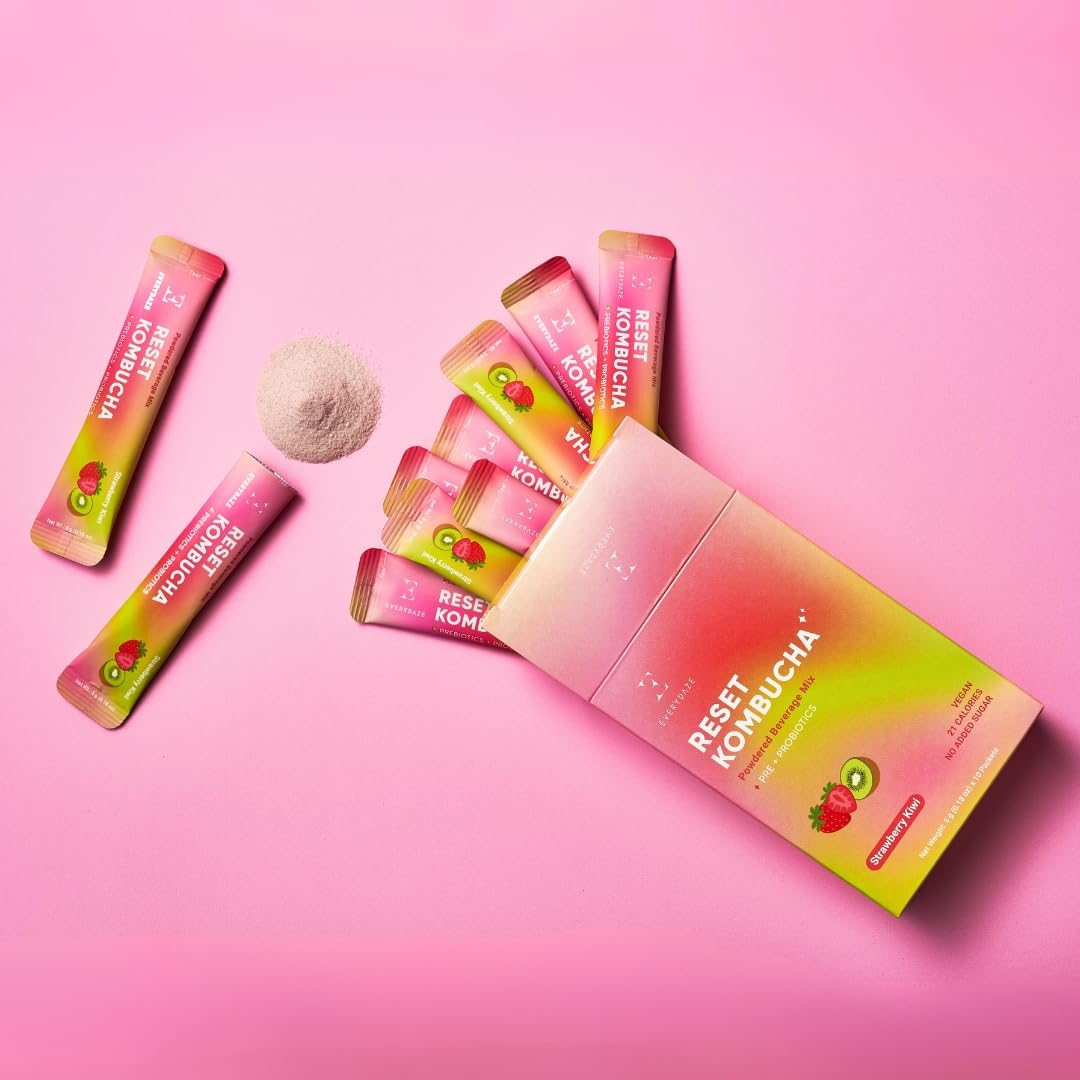 Everydaze Reset Kombucha Tea Powdered Beverage Mix | 10 Sticks | Prebiotics + Probiotics | Vegan | No Added Sugar, Gluten Free, Sparkling Powder Drink Strawberry Kiwi