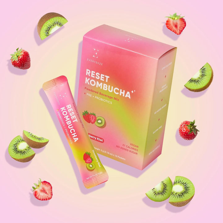 Everydaze Reset Kombucha Tea Powdered Beverage Mix | 10 Sticks | Prebiotics + Probiotics | Vegan | No Added Sugar, Gluten Free, Sparkling Powder Drink Strawberry Kiwi