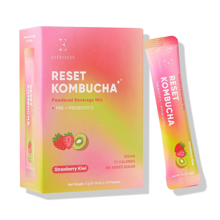 Everydaze Reset Kombucha Tea Powdered Beverage Mix | 10 Sticks | Prebiotics + Probiotics | Vegan | No Added Sugar, Gluten Free, Sparkling Powder Drink Strawberry Kiwi