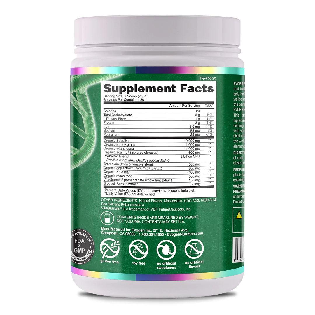 Evogen Evogreens Premium Performance Greens Formula Superfood with Spirulina Pomegranate Probiotics and Kale Berry Flavors 219gm