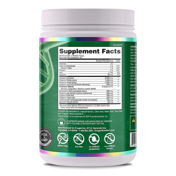 Evogen Evogreens Premium Performance Greens Formula Superfood with Spirulina Pomegranate Probiotics and Kale Fruit Punch Flavors 234gm