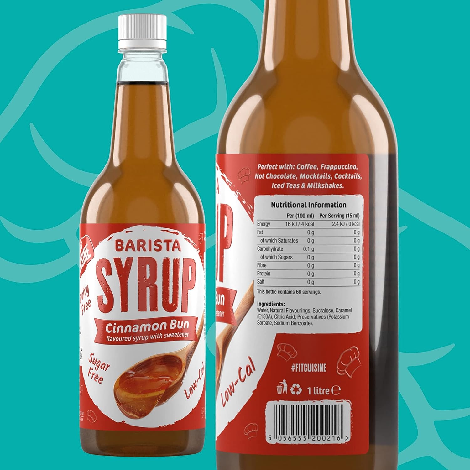 Fit Cuisine Coffee Syrups - Barista Syrup for Coffee Drinks, Low Calorie, Sugar Free - Cinnamon Bun 1 Litre