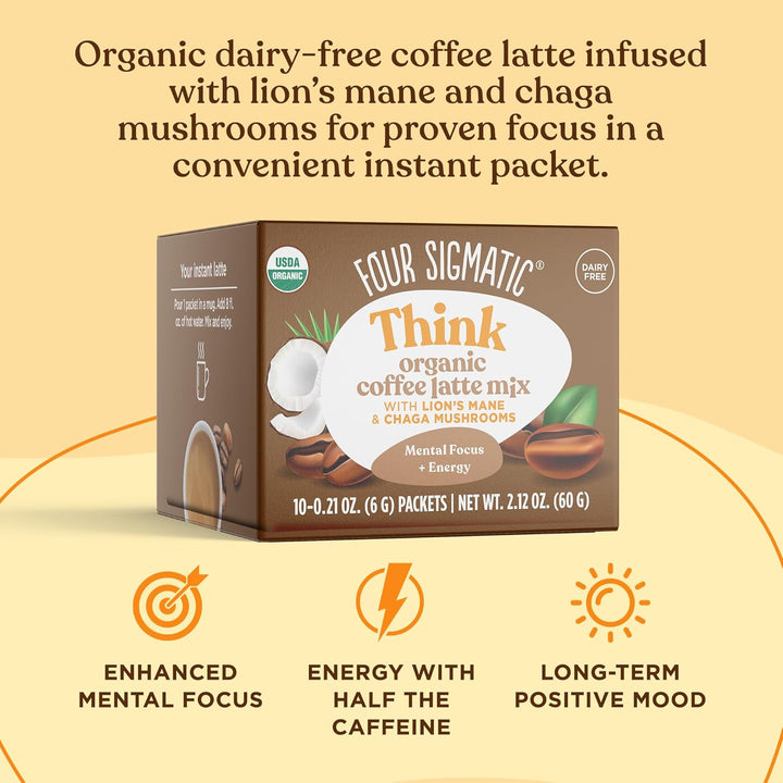 Four Sigmatic THINK Organic Coffee Latte Mix Wit Lion's Mane & Chaga Mushrooms Dairy Free 10 Packets