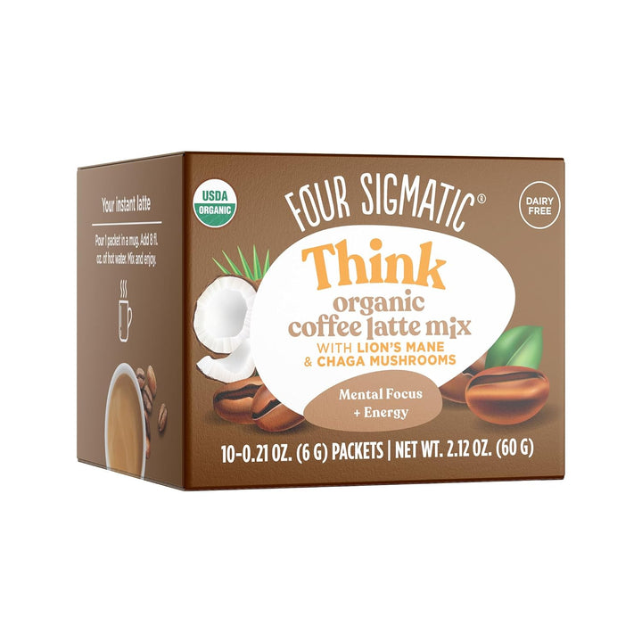 Four Sigmatic THINK Organic Coffee Latte Mix Wit Lion's Mane & Chaga Mushrooms Dairy Free 10 Packets