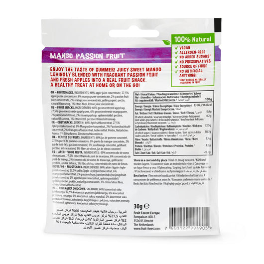 Fruit Forest Real Fruit Snack Mango Passion Fruit No Added Sugar 100% Natural Vegan Gluten Free 30g