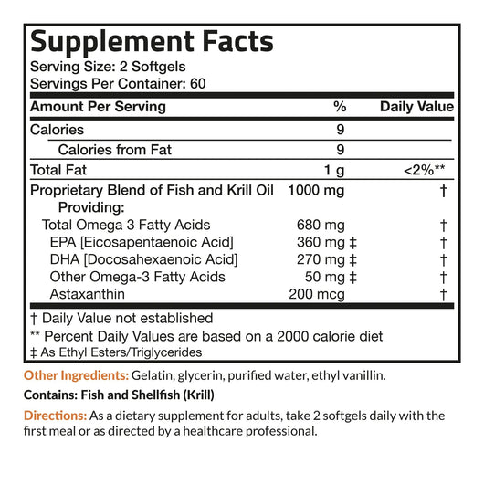 Futurebiotics Omega-3 Fish + Krill Oil with Astaxanthin For Heart Health, 1000 MG, Non- GMO 120 Softgels