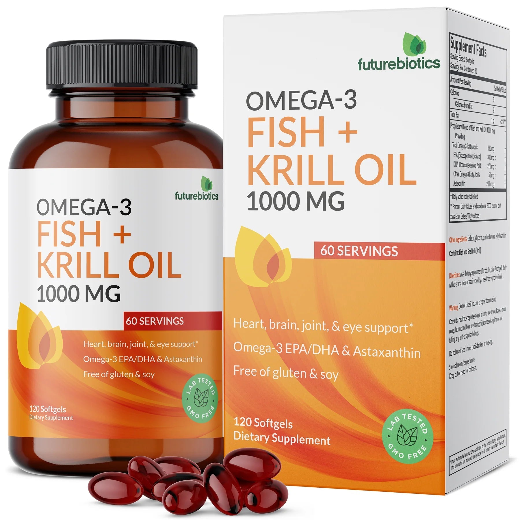 Futurebiotics Omega-3 Fish + Krill Oil with Astaxanthin For Heart Health, 1000 MG, Non- GMO 120 Softgels