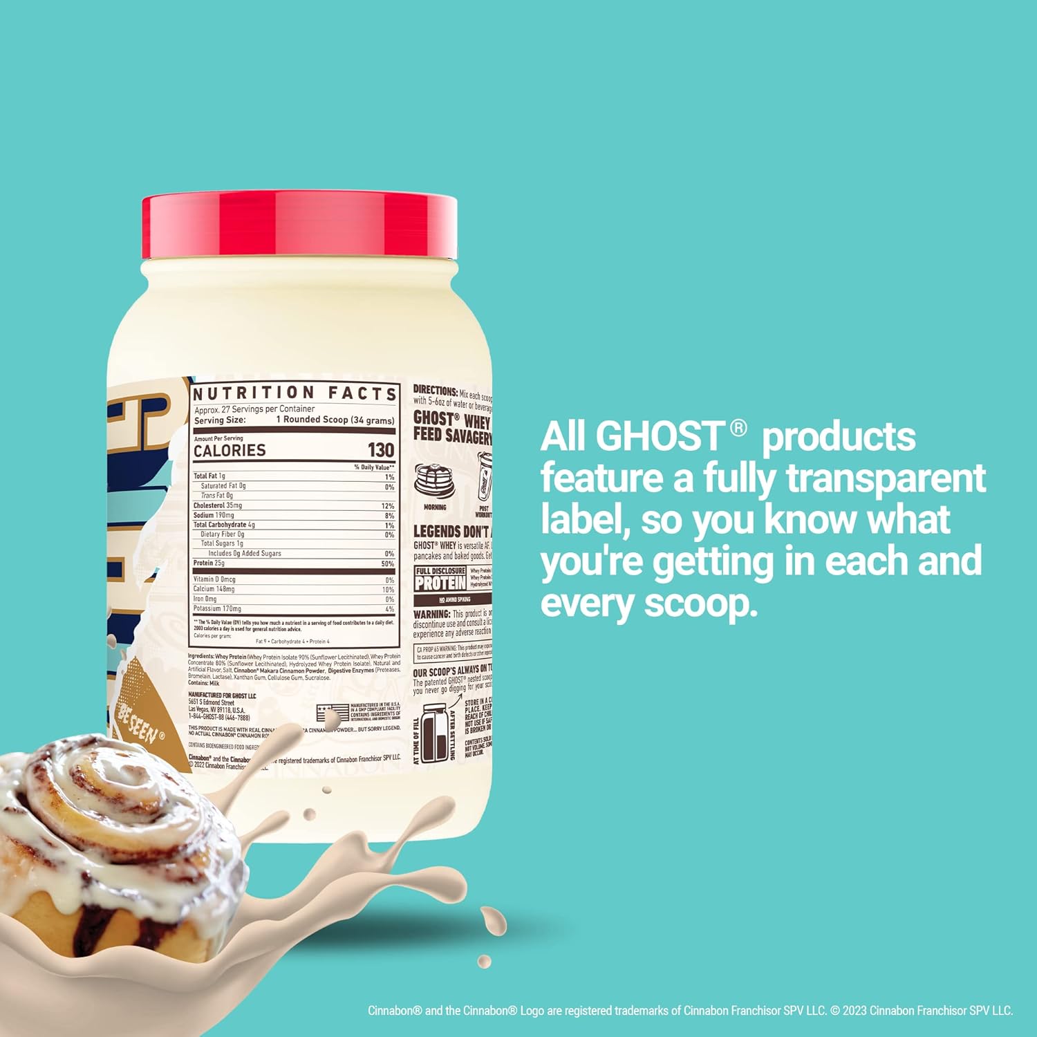 GHOST Whey Protein Powder, Cinnabon, Cinnamon Roll Flavored Isolate, Concentrate & Hydrolyzed Whey Protein Blend - Soy & Gluten Free 918g