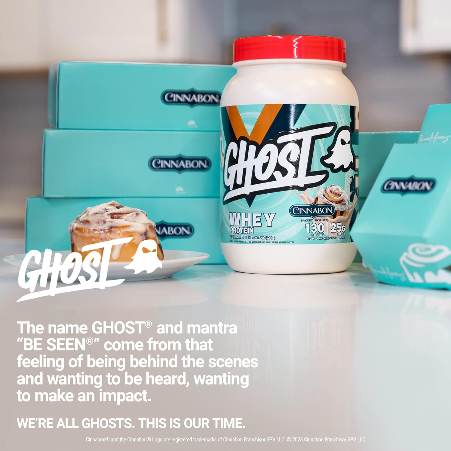 GHOST Whey Protein Powder, Cinnabon, Cinnamon Roll Flavored Isolate, Concentrate & Hydrolyzed Whey Protein Blend - Soy & Gluten Free 918g