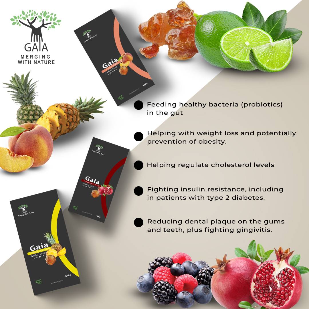 Gaia Grade AAA Arabic Gum Powder Prebiotic with Natural Pomegranate Powder 15 Sachets 15x15gm