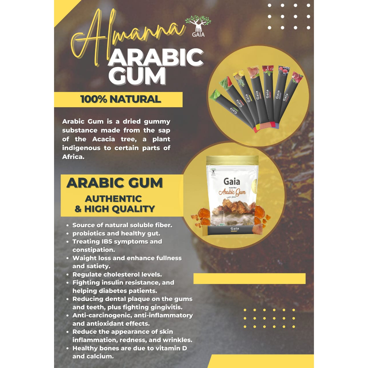 Gaia Grade AAA Arabic Gum Powder Prebiotic with Natural Pomegranate Powder 15 Sachets 15x15gm