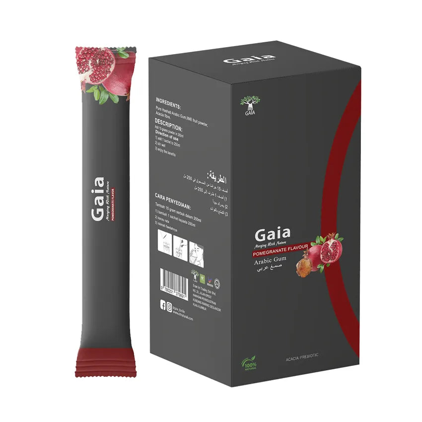 Gaia Grade AAA Arabic Gum Powder Prebiotic with Natural Pomegranate Powder 15 Sachets 15x15gm