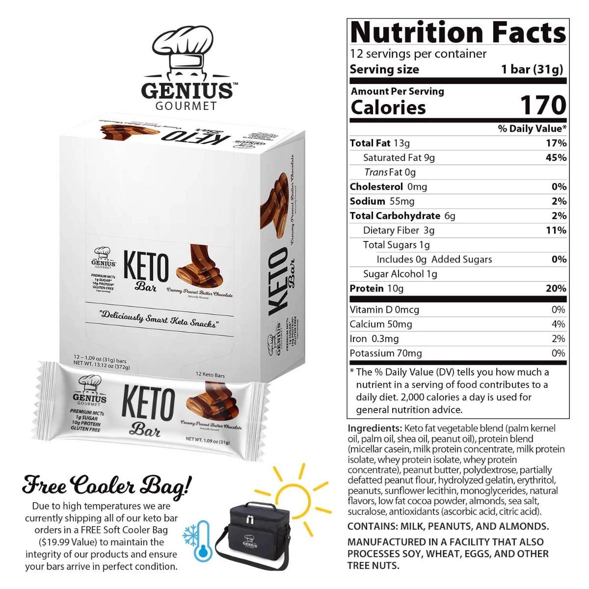 Genius Gourmet Keto Bar Creamy Peanut Butter Chocolate Low Sugar Gluten Free 31g