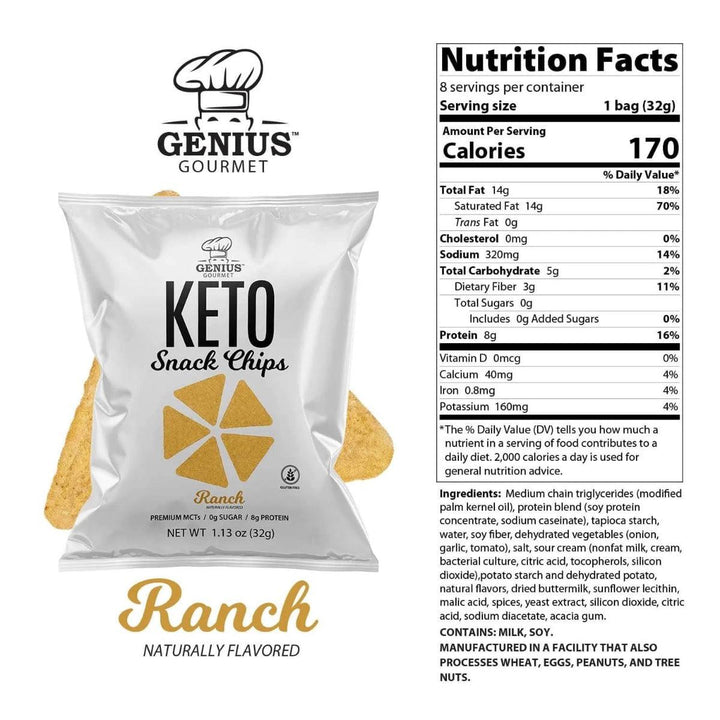 Genius Gourmet Keto Snack Chips Ranch Zero Sugar Gluten Free 32g