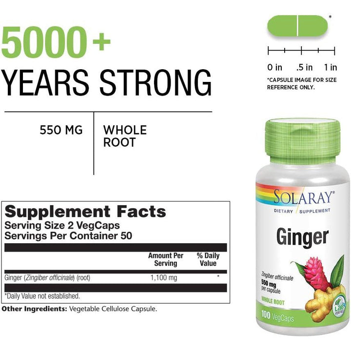 Ginger Root 1100mg for Healthy Digestion, Joints & Stomach Discomfort Support, Whole Root, Non-GMO & Vegan 100 VegCaps