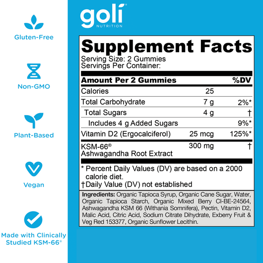 Goli Ashwagandha & Vitamin D Gummies KSM-66 Relax. Restore. Unwind, Vegan, Plant Based, Non-GMO, Gluten-Free & Gelatin Free 30 Gummies