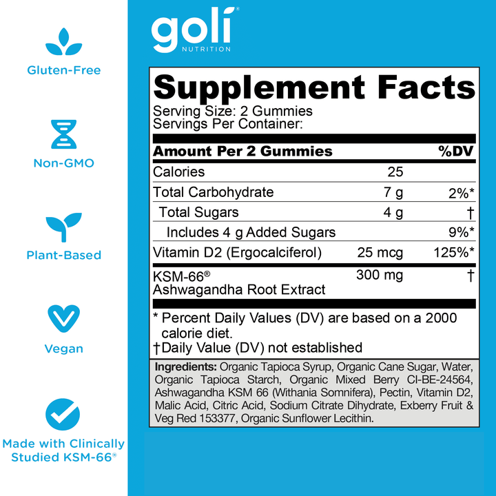 Goli Ashwagandha & Vitamin D Gummies KSM-66 Relax. Restore. Unwind, Vegan, Plant Based, Non-GMO, Gluten-Free & Gelatin Free 30 Gummies