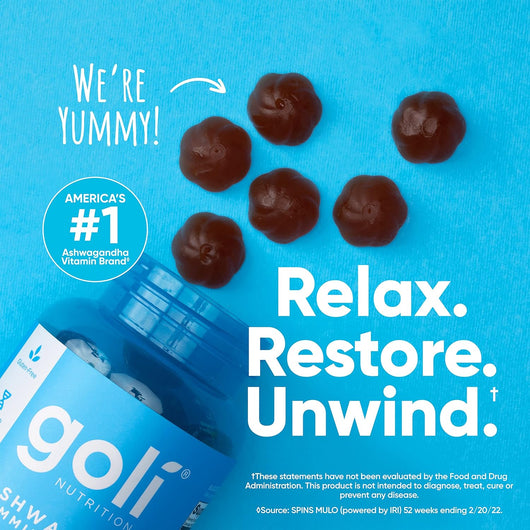 Goli Ashwagandha & Vitamin D Gummies KSM-66 Relax. Restore. Unwind, Vegan, Plant Based, Non-GMO, Gluten-Free & Gelatin Free 60 Gummies