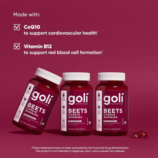 Goli Beets Cardio Gummies, with CoQ10 & Beet Root Extract Gluten-Free, Vegan, Non-GMO, and Gelatin-Free 60 Gummies