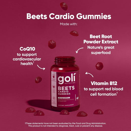 Goli Beets Cardio Gummies, with CoQ10 & Beet Root Extract Gluten-Free, Vegan, Non-GMO, and Gelatin-Free 60 Gummies