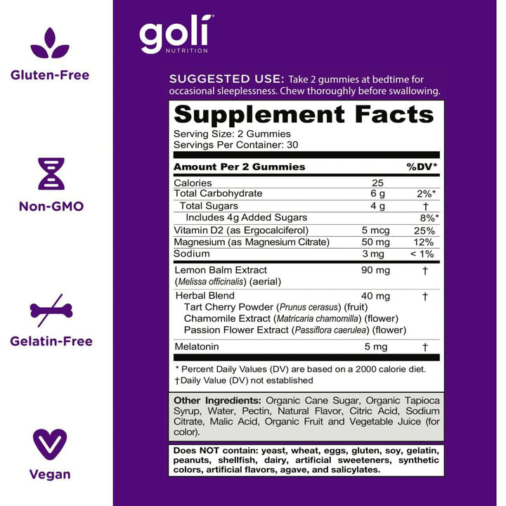 Goli Dreamy Sleep Gummies Melatonin 5mg, with Vitamin D, Magnesium, and Lemon Balm Extract, Gelatin-Free, Gluten-Free, Vegan & Non-GMO 60 Gummies