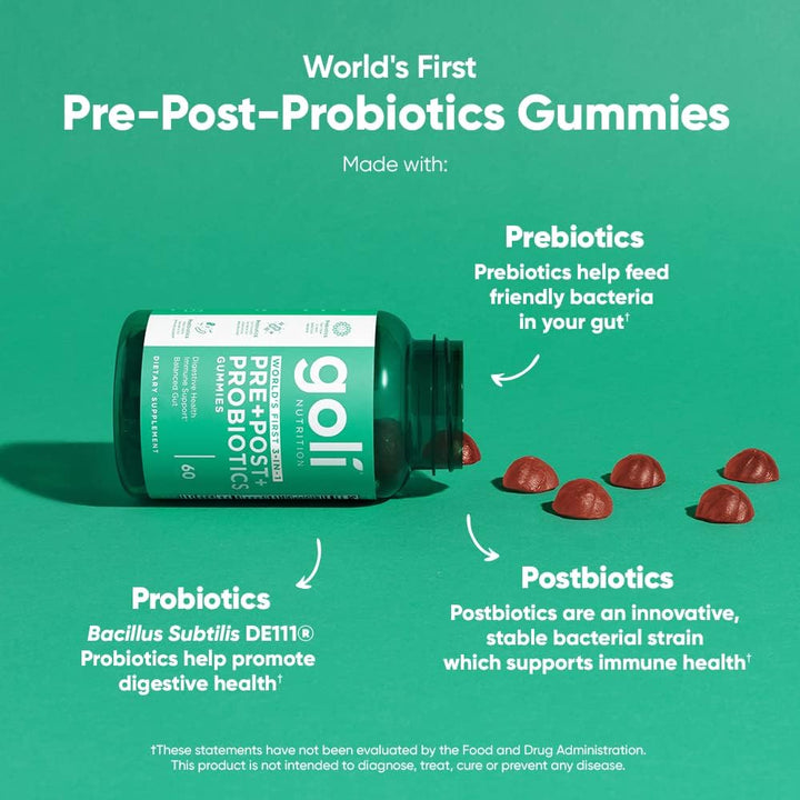 Goli Pre+Post+Probiotics Gummies Revolutionary formula combining Prebiotics, Probiotics, & Postbiotics 60 Pieces