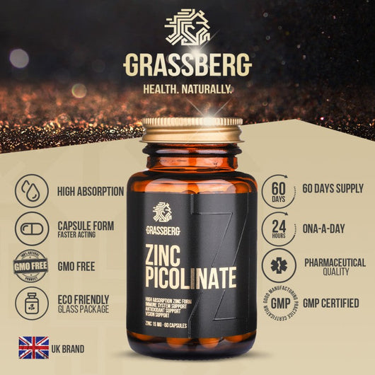 Grassberg Zinc Picolinate 15mg - High Absorption 60 Capsules