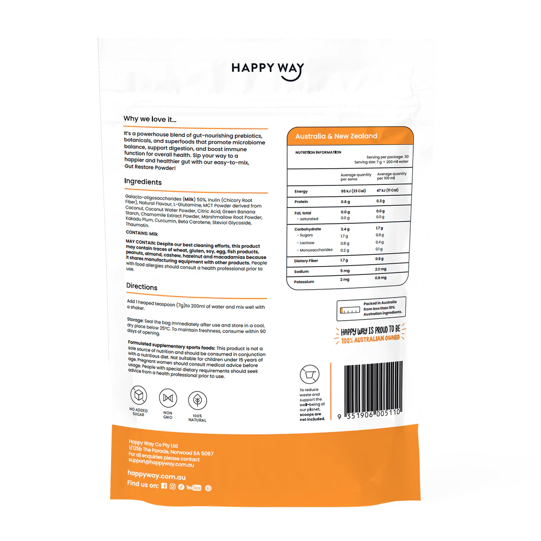 هابي واي مسحوق دعم صحة المعدة والهضم مع البريبايوتكس يدعم الهضم ويهدئ الانزعاج بنكهة استوائية 210غم