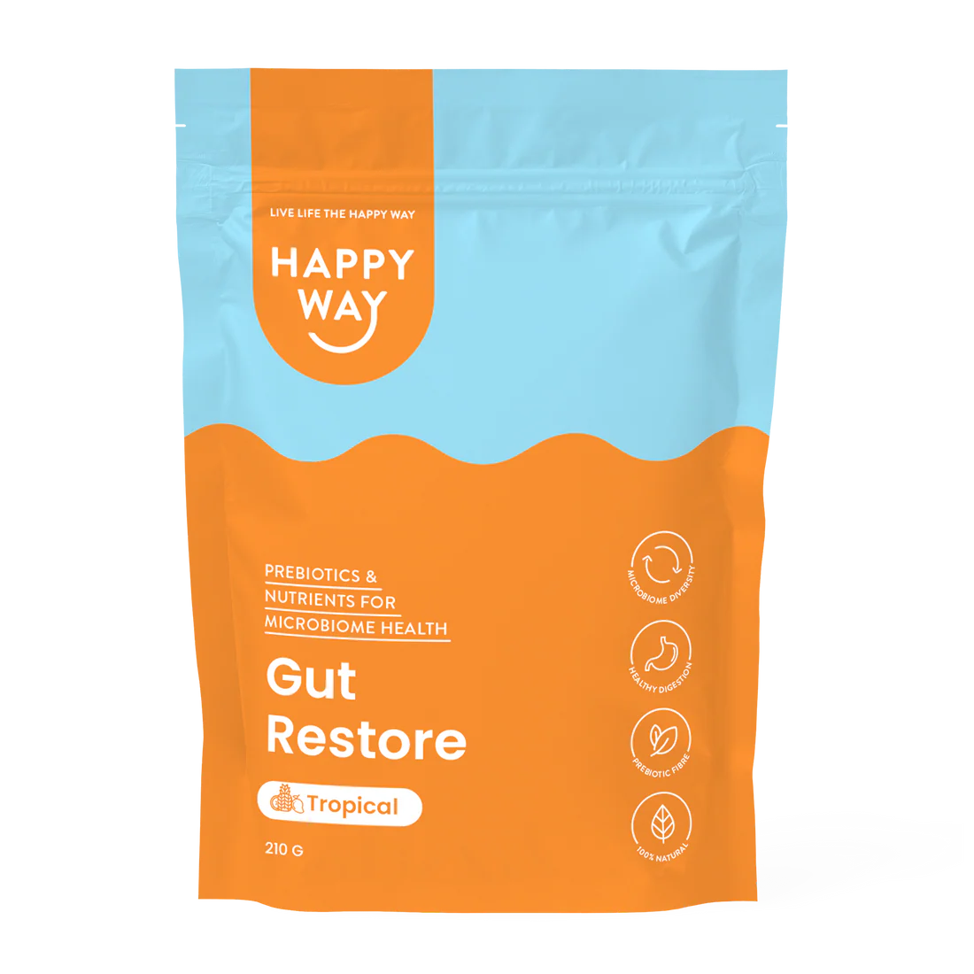 هابي واي مسحوق دعم صحة المعدة والهضم مع البريبايوتكس يدعم الهضم ويهدئ الانزعاج بنكهة استوائية 210غم