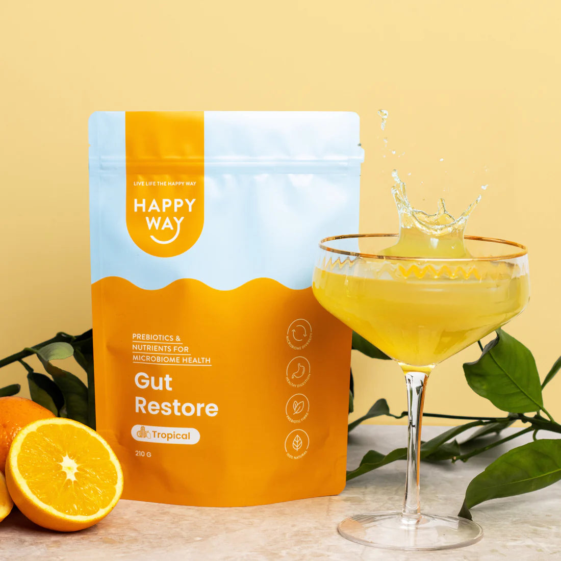 هابي واي مسحوق دعم صحة المعدة والهضم مع البريبايوتكس يدعم الهضم ويهدئ الانزعاج بنكهة استوائية 210غم