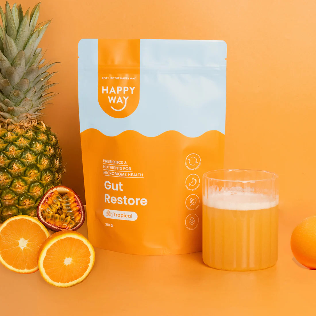 هابي واي مسحوق دعم صحة المعدة والهضم مع البريبايوتكس يدعم الهضم ويهدئ الانزعاج بنكهة استوائية 210غم