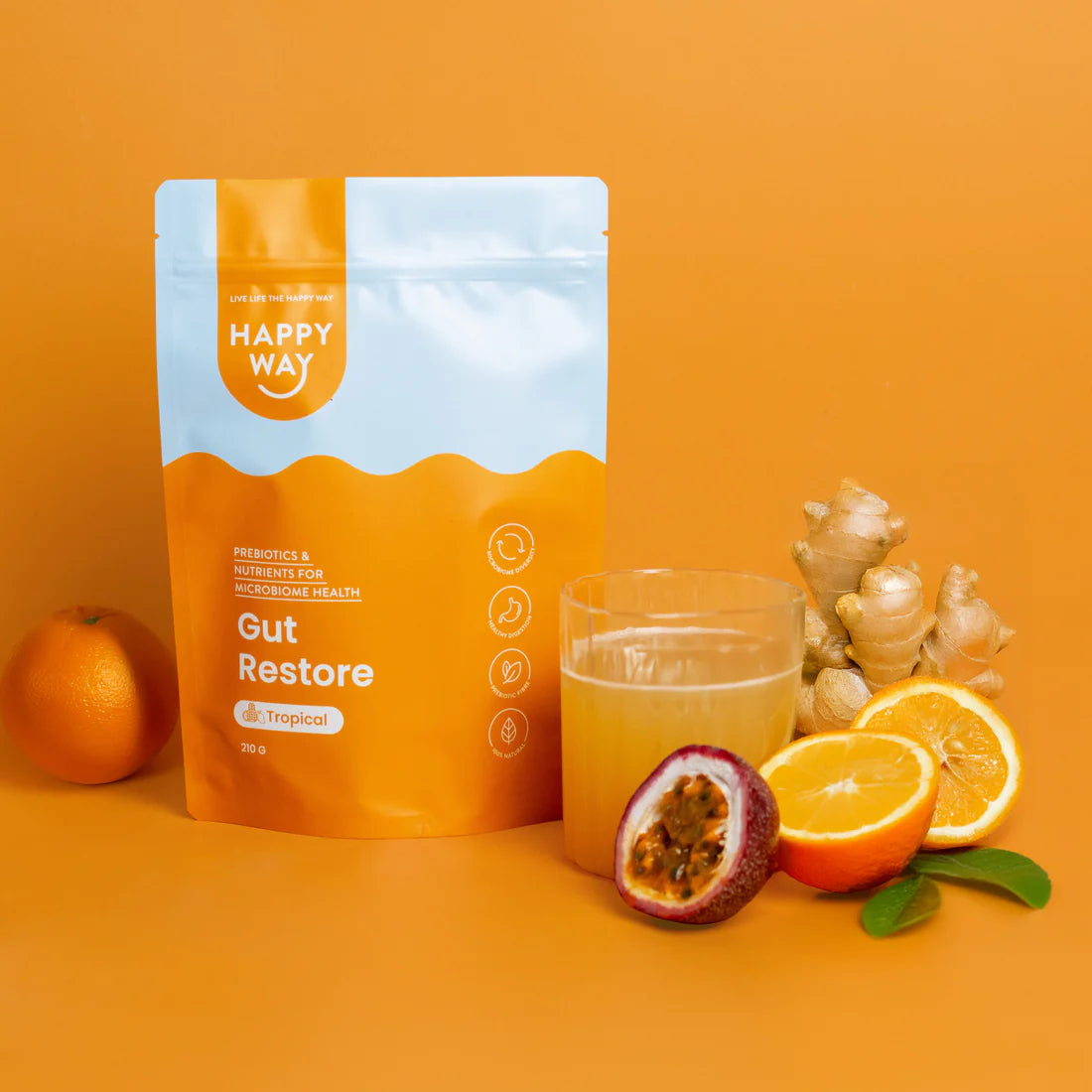 هابي واي مسحوق دعم صحة المعدة والهضم مع البريبايوتكس يدعم الهضم ويهدئ الانزعاج بنكهة استوائية 210غم