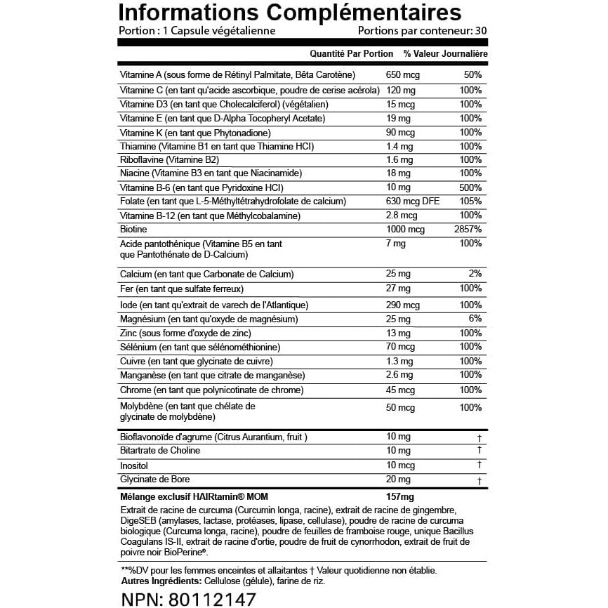 HAIRtamin MOM Vegan Prenatal & Postnatal Multivitamin Supplement During Pregnancy, Postpartum or Breastfeeding with Probiotic 30 Vegan Capsules