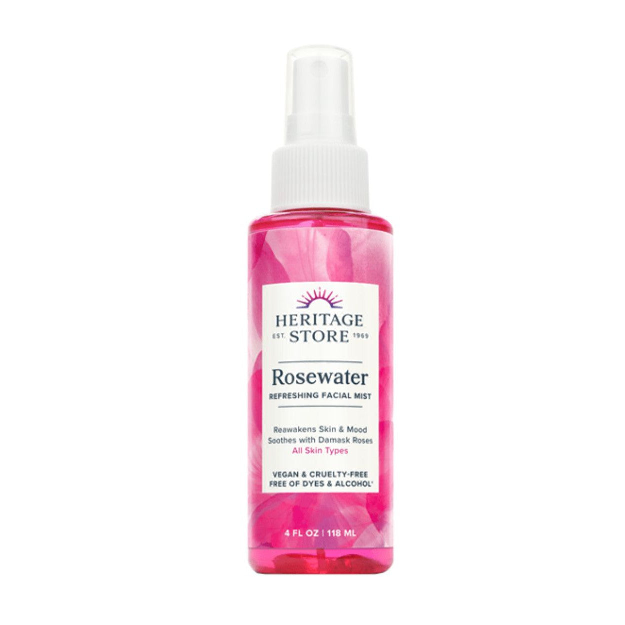 Heritage Store Rosewater - Refreshing Facial Mist for Glowing Skin with Damask Rose, All Skin Types 118ML
