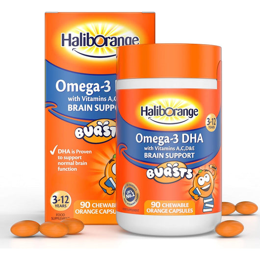 Haliborange Kids Omega-3 with Vitamins 90 Orange Chewable Fruit Burst Capsules for 3-12 Years