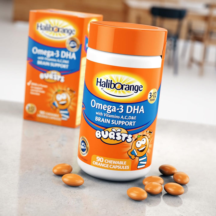 Haliborange Kids Omega-3 with Vitamins 90 Orange Chewable Fruit Burst Capsules for 3-12 Years