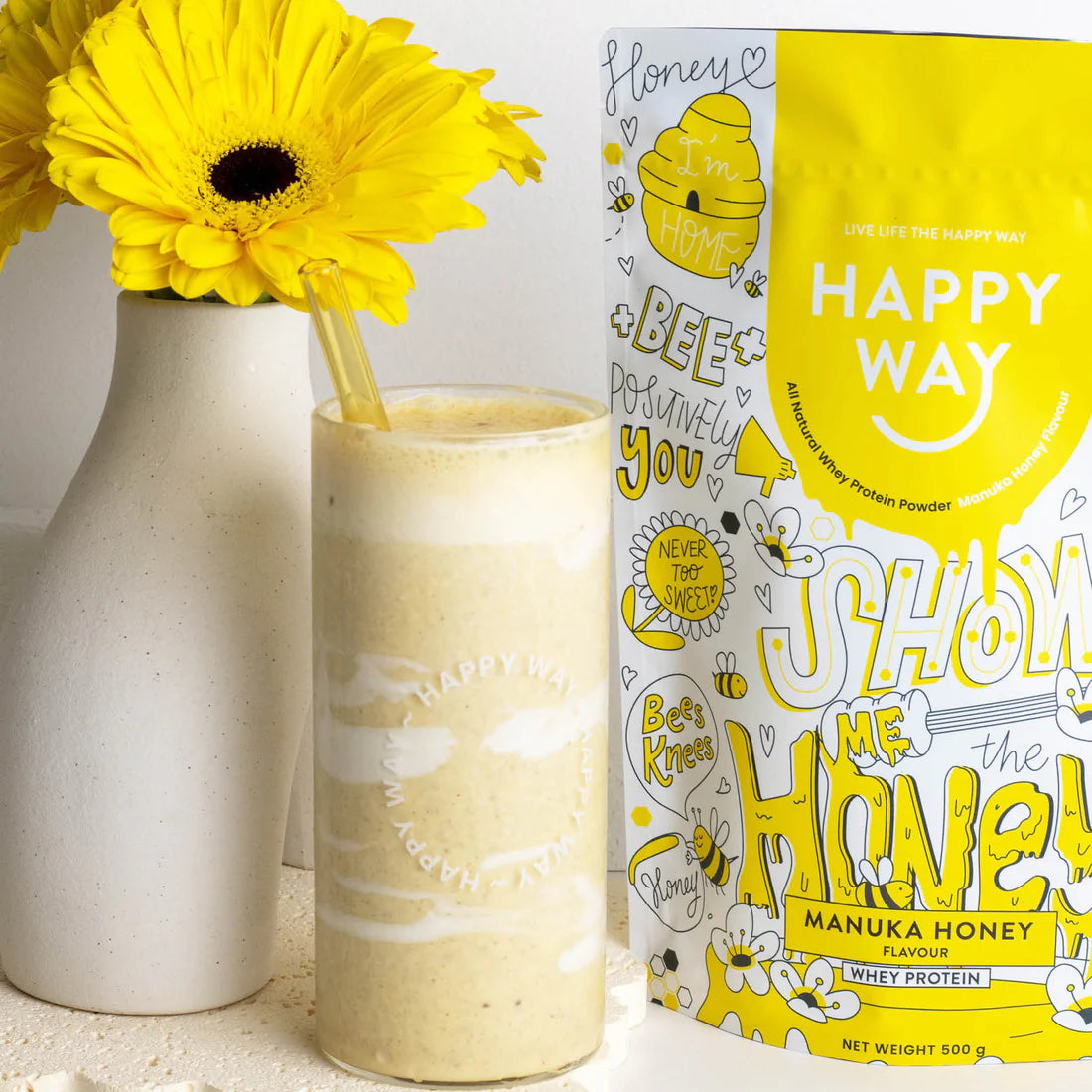 هابي واي مسحوق بروتين مصل اللبن العضوي الطبيعي بالكامل - عسل مانوكا (إصدار محدود) 500 جرام