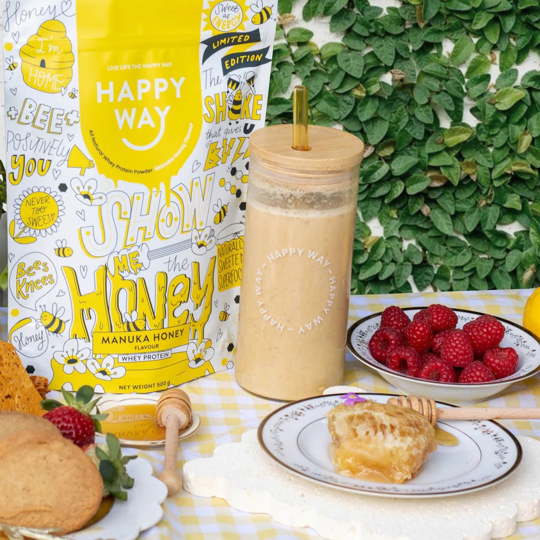 هابي واي مسحوق بروتين مصل اللبن العضوي الطبيعي بالكامل - عسل مانوكا (إصدار محدود) 500 جرام