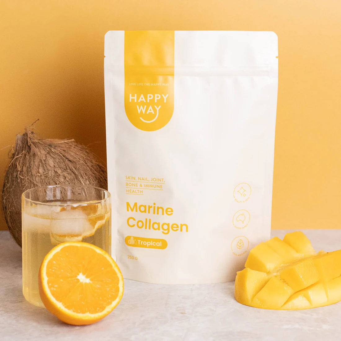 مسحوق الكولاجين البحري هابي واي - بنكهة استوائية لصحة البشرة والشعر والمفاصل 250غم