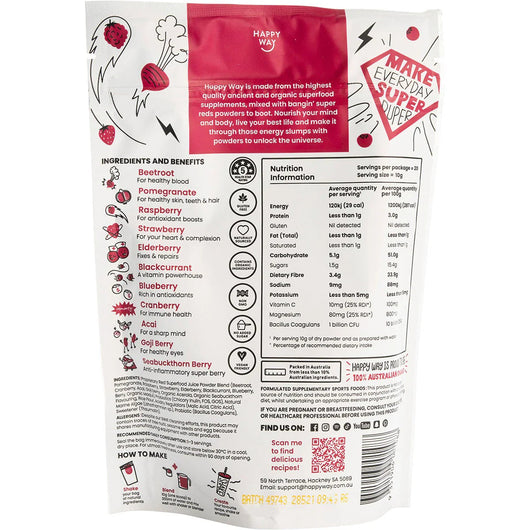 Happyway Super Reds Powder Raspberry Superfoods Powder with Probiotics and Prebiotics 200g