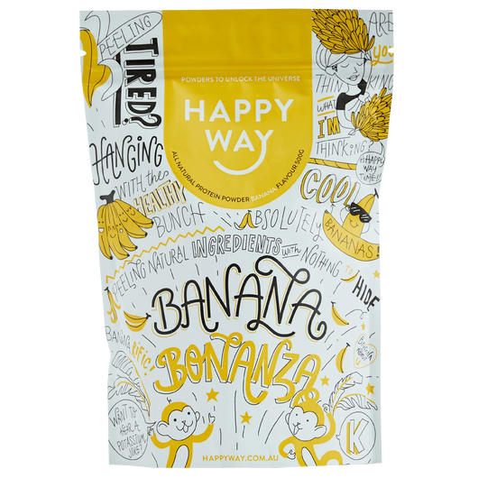 Happyway Whey Protein Powder Banana 500g Premium New Zealand Pasture-Fed Whey Protein with Organic Chia Seeds, Organic Psyllium husk, MCT Powder and Organic Maca Powder, Keto Friendly Gluten Free and Non-GMO