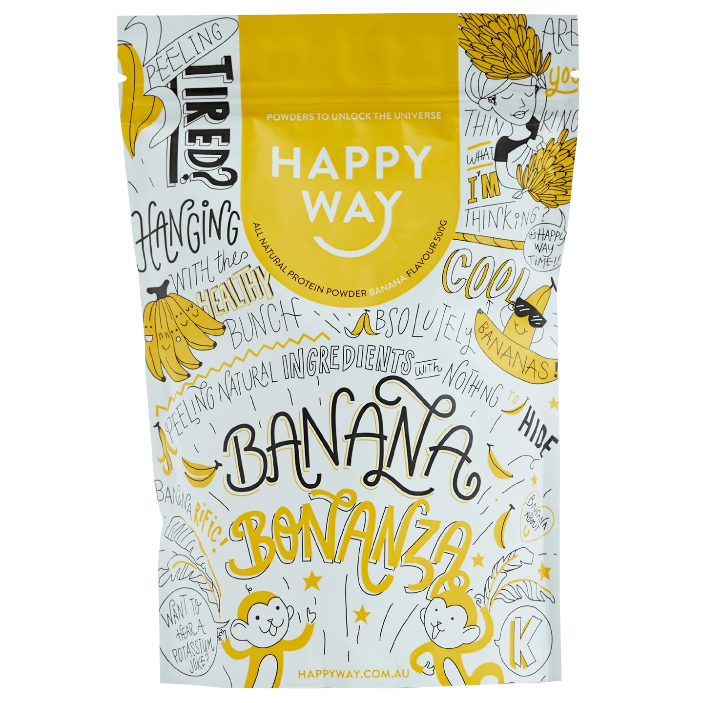 Happyway Whey Protein Powder Banana 500g Premium New Zealand Pasture-Fed Whey Protein with Organic Chia Seeds, Organic Psyllium husk, MCT Powder and Organic Maca Powder, Keto Friendly Gluten Free and Non-GMO