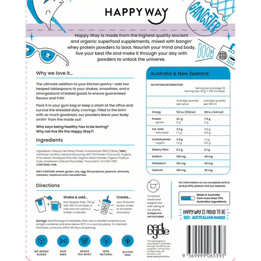 Happyway Whey Protein Powder Vanilla 500g Premium New Zealand Pasture-Fed Whey Protein with Organic Chia Seeds, Organic Psyllium husk, MCT Powder and Organic Maca Powder, Keto Friendly Gluten Free and Non-GMO