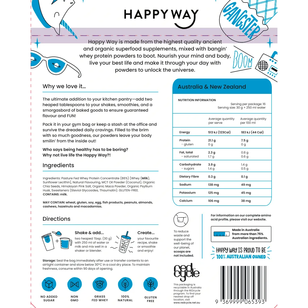 Happyway Whey Protein Powder Vanilla 500g Premium New Zealand Pasture-Fed Whey Protein with Organic Chia Seeds, Organic Psyllium husk, MCT Powder and Organic Maca Powder, Keto Friendly Gluten Free and Non-GMO