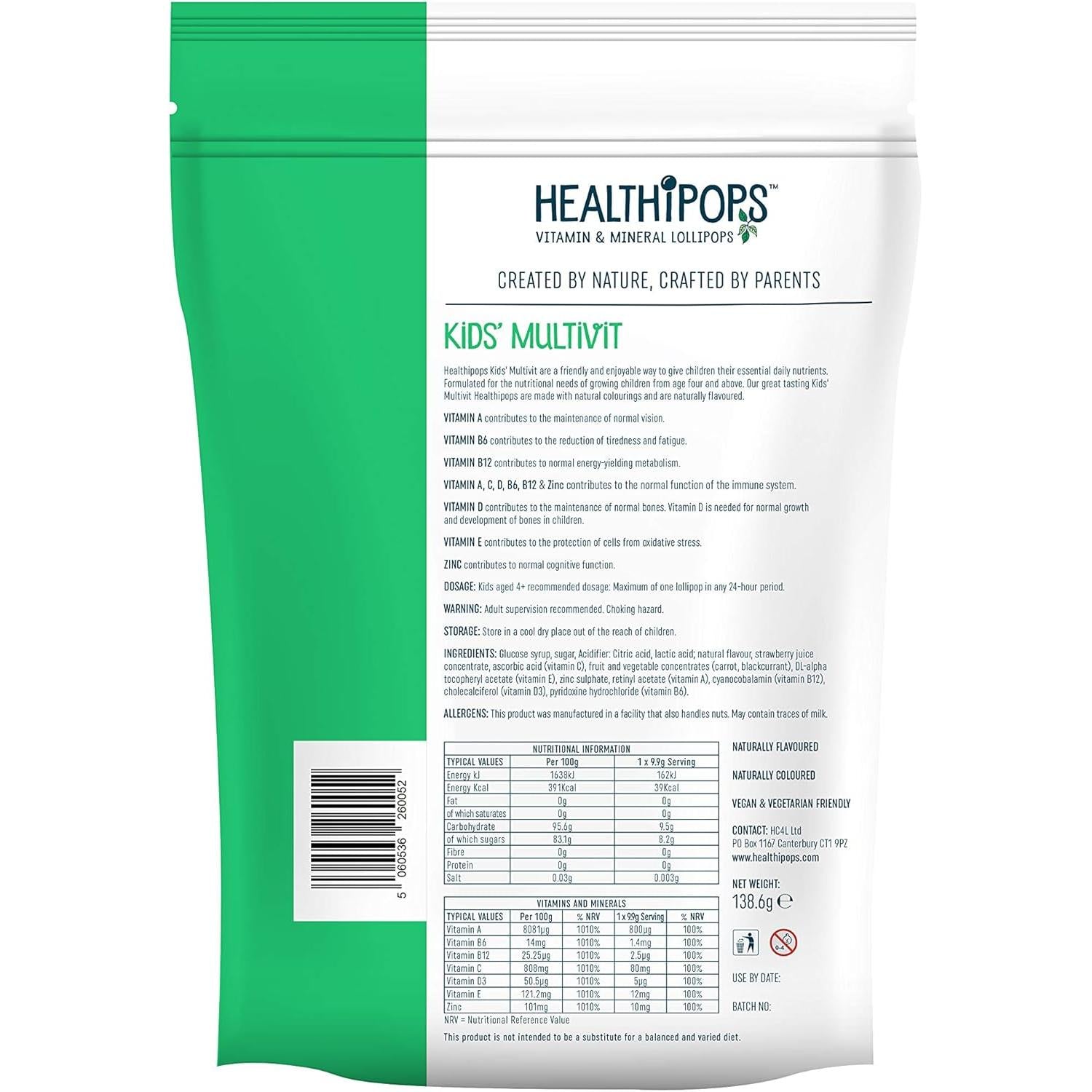 Healthipops Vitamin & Mineral Lollipops Kids' Multivit Suitable for Ages 4+ with Added Vitamin A, B6, B12, C, D3, E & Zinc, Strawberry Flavour 14 Lollipops