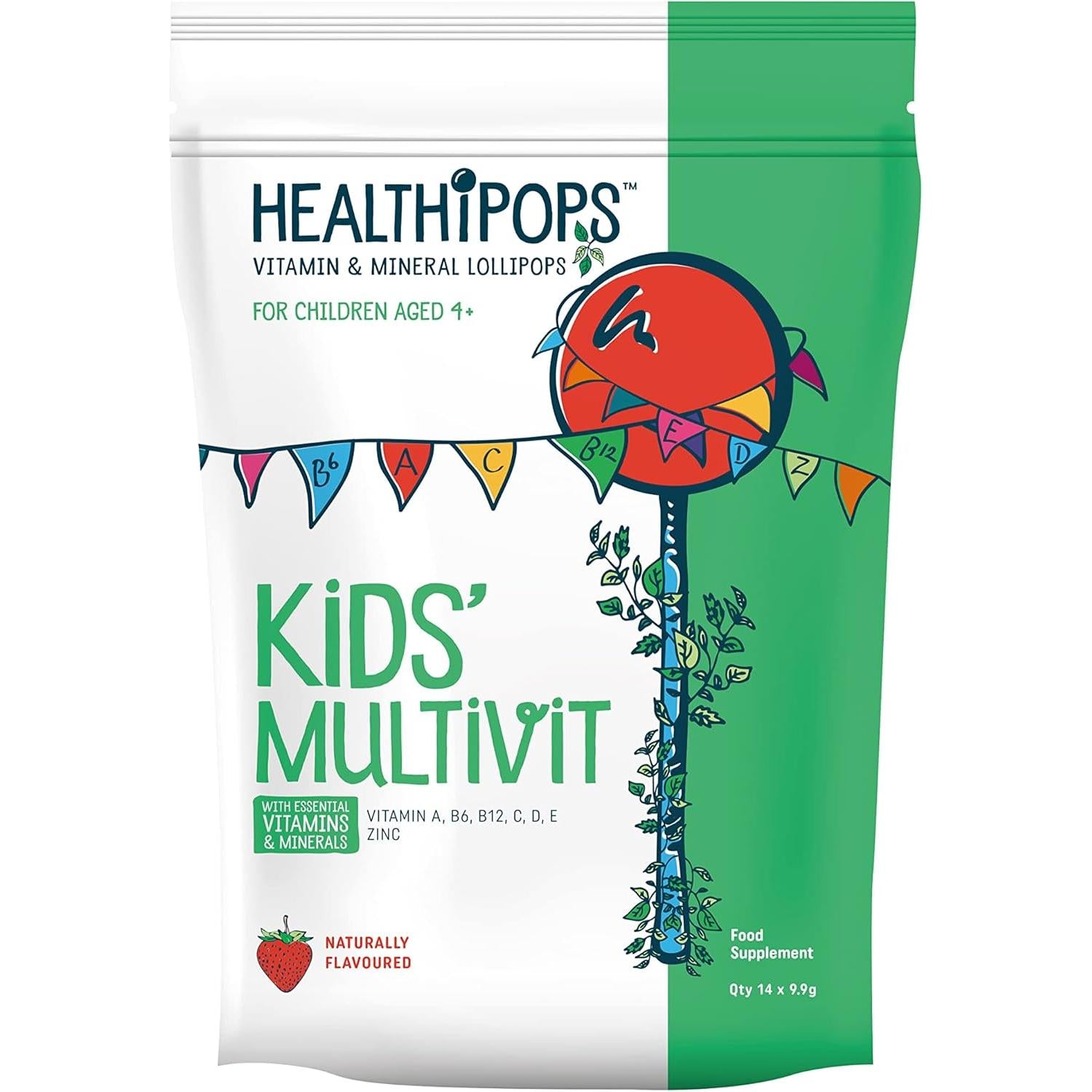 Healthipops Vitamin & Mineral Lollipops Kids' Multivit Suitable for Ages 4+ with Added Vitamin A, B6, B12, C, D3, E & Zinc, Strawberry Flavour 14 Lollipops