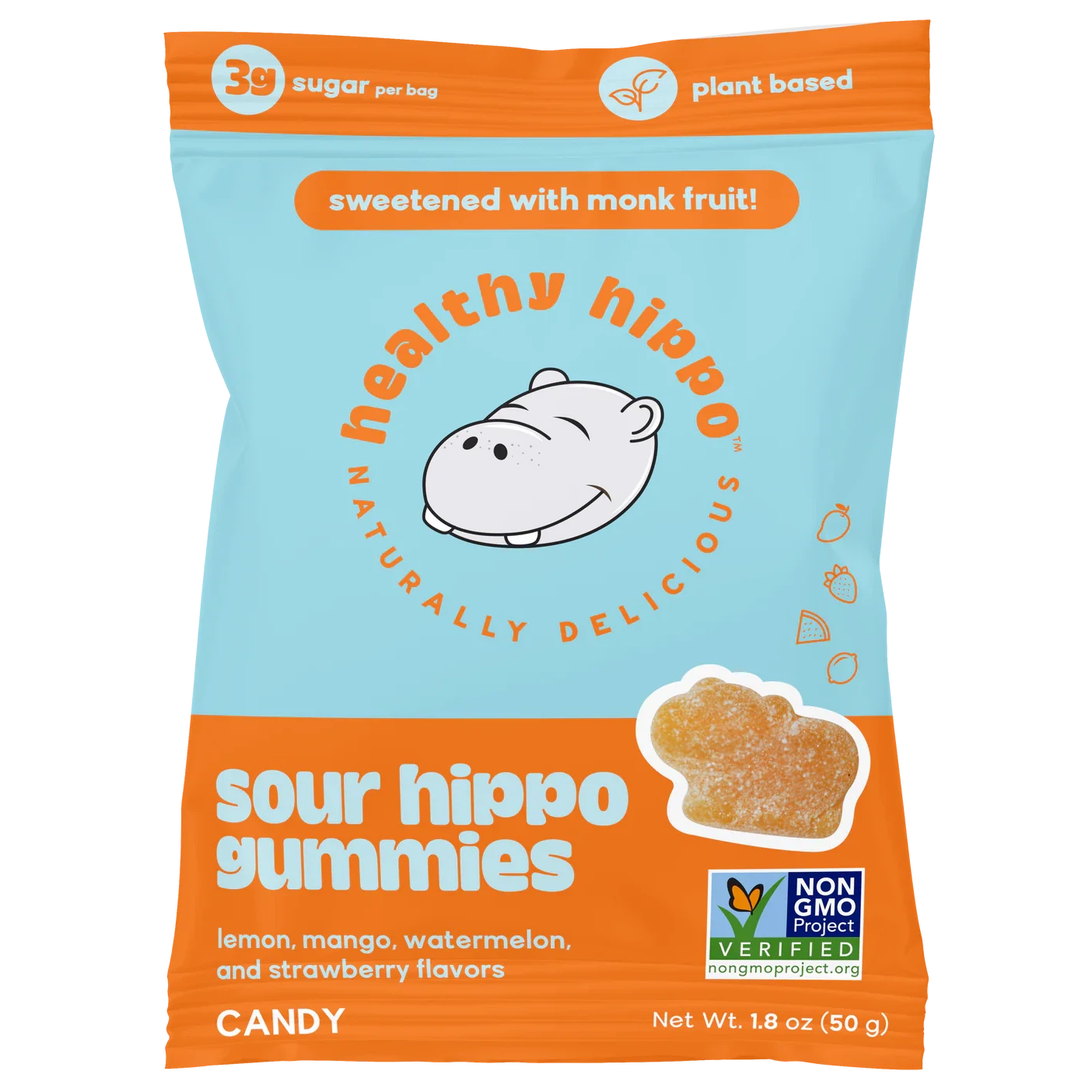 Healthy Hippo Low Sugar Sour Hippo Gummies Plant Based Gummy Candy Sweetened with Monk Fruit Juice Concentrate not Stevia | No Artificial Ingredients or Sugar Alcohols 50gm