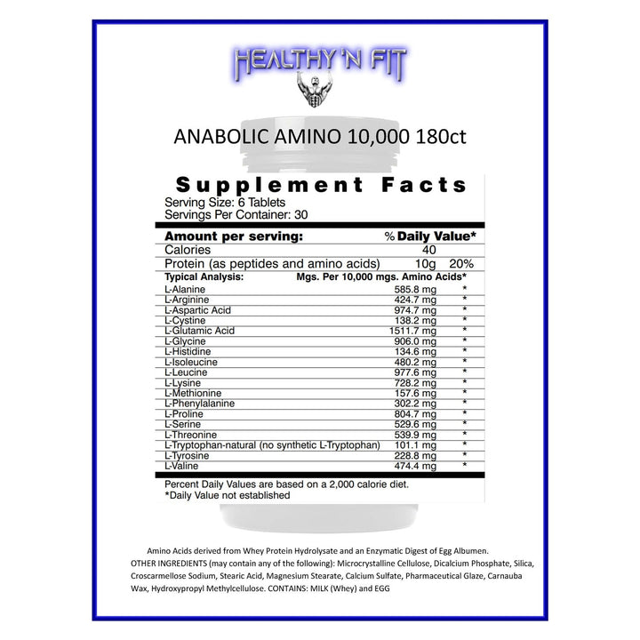 Healthy 'N Fit ANABOLIC Amino 10,000 180 Tablets, EAA & BCAA - 10,000 MGS Amino Acids per Serving